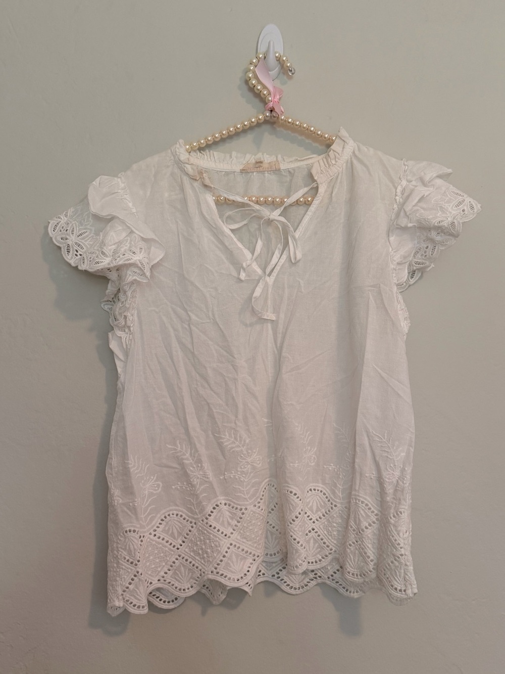 Solitaire Top White Eyelet Tie-Front Flutter Sleeve Blouse shirt medium